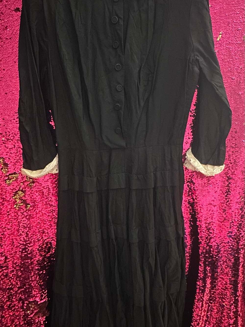 Vintage Black Maxi Dress with Cream bearded collard and Lace Cuffs